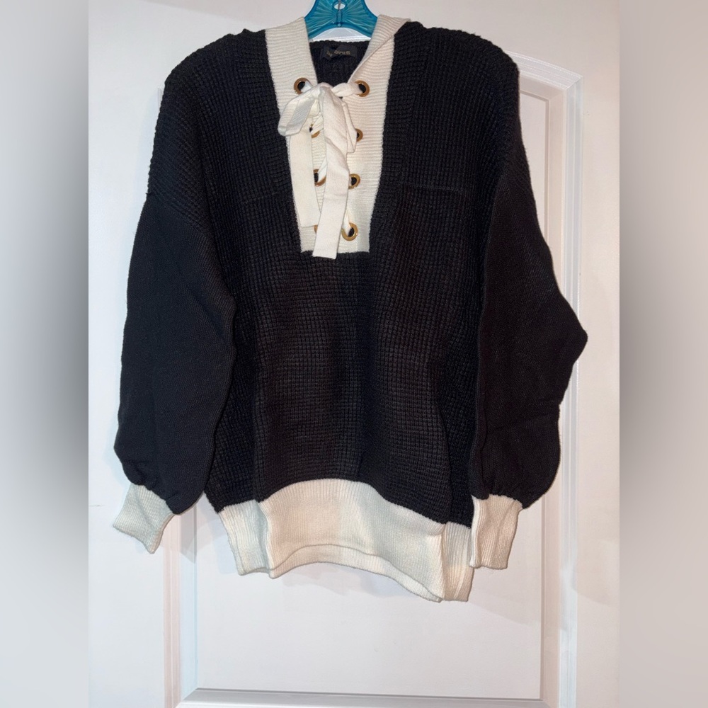 36 Point 5 Women's Black and Cream Sweater with Tie Detail